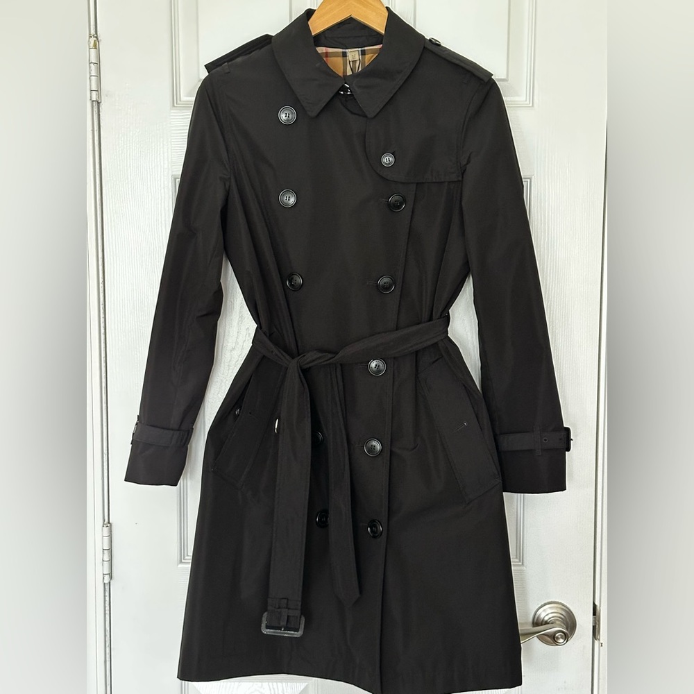 NWT Authentic Burberry Kensington Taffeta Trench Coat Black Sz US 8, UK 10